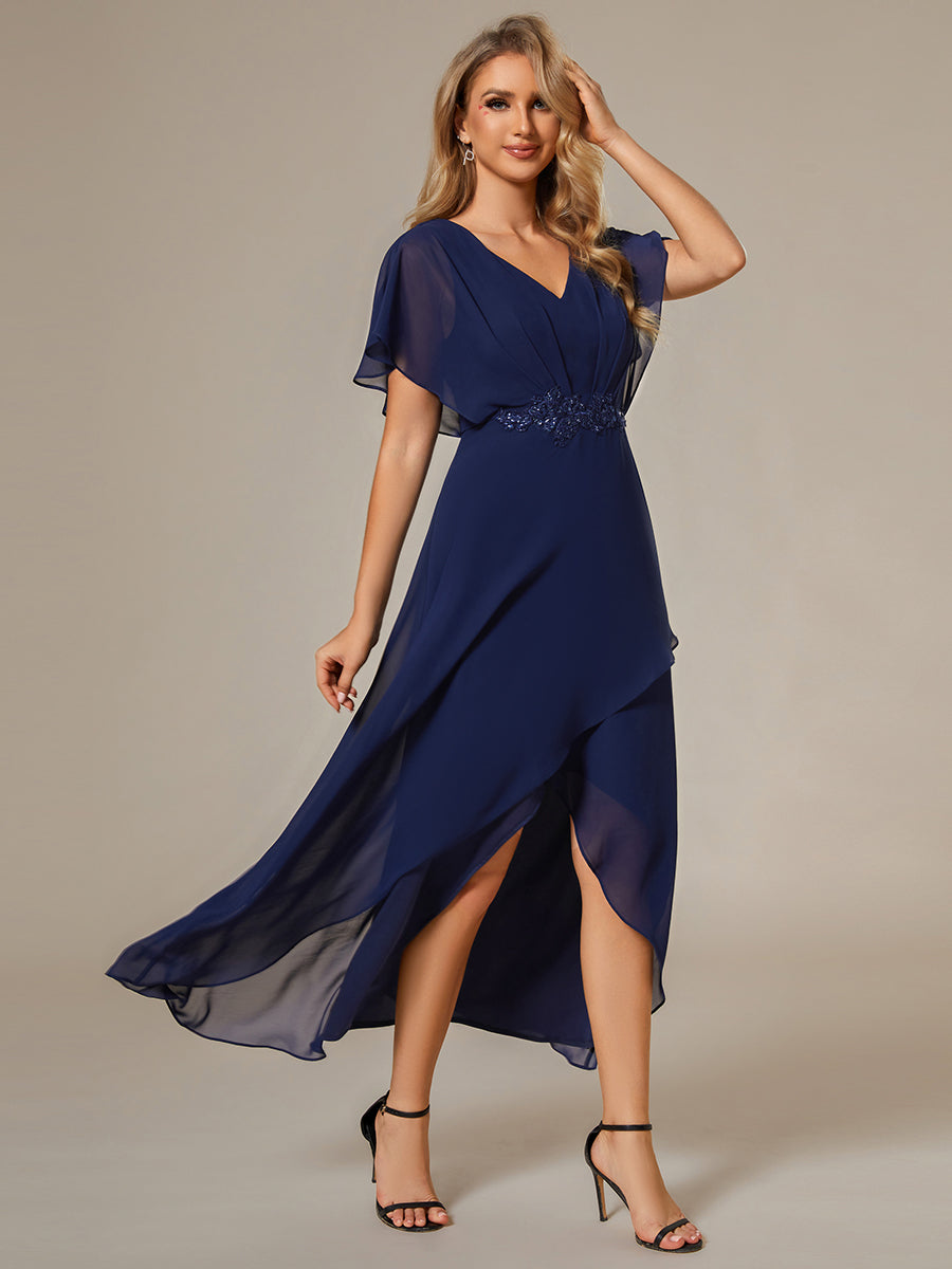 Color=Navy Blue | Chiffon Appliques  High-low  Wholesale Evening Dress with Short Sleeves-Navy Blue 3