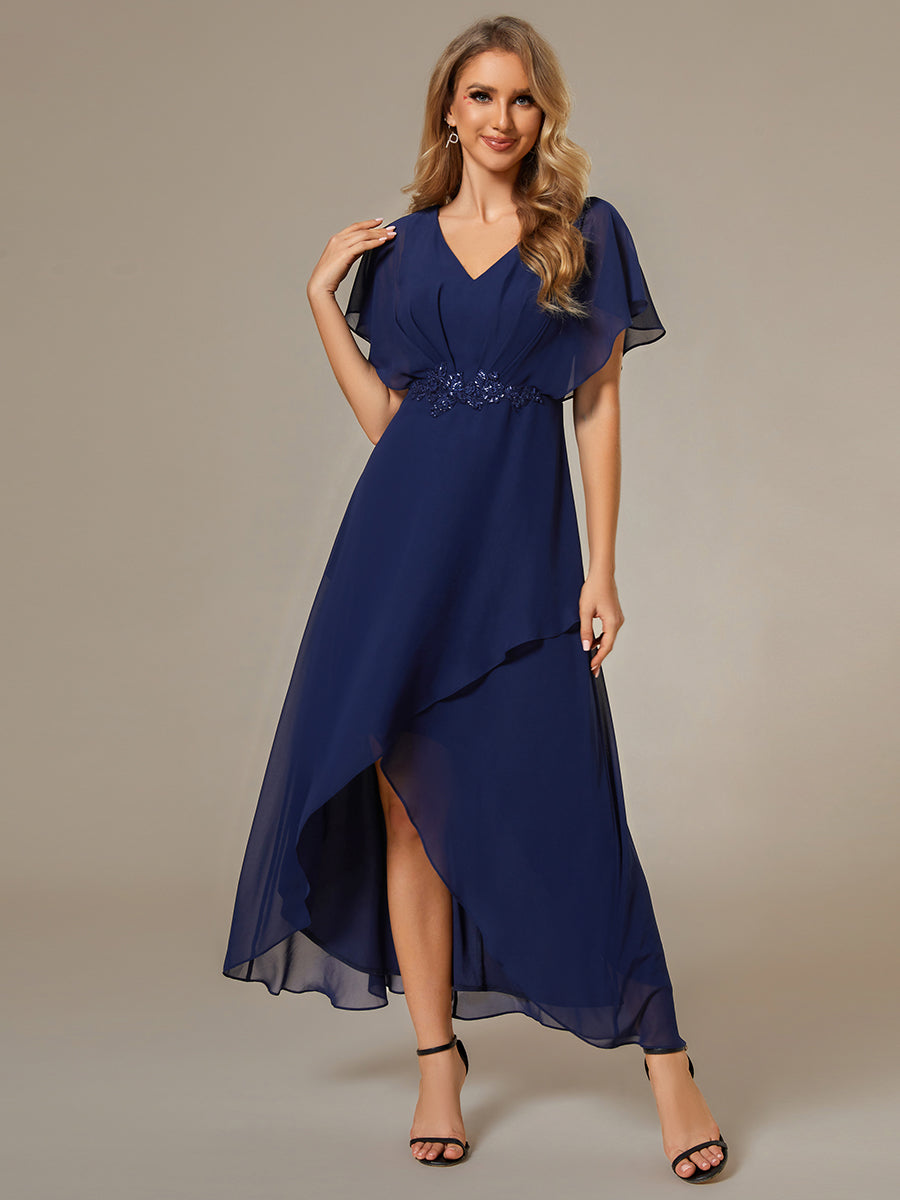 Color=Navy Blue | Chiffon Appliques High-low Wholesale Evening Dress with Short Sleeves-Navy Blue 1
