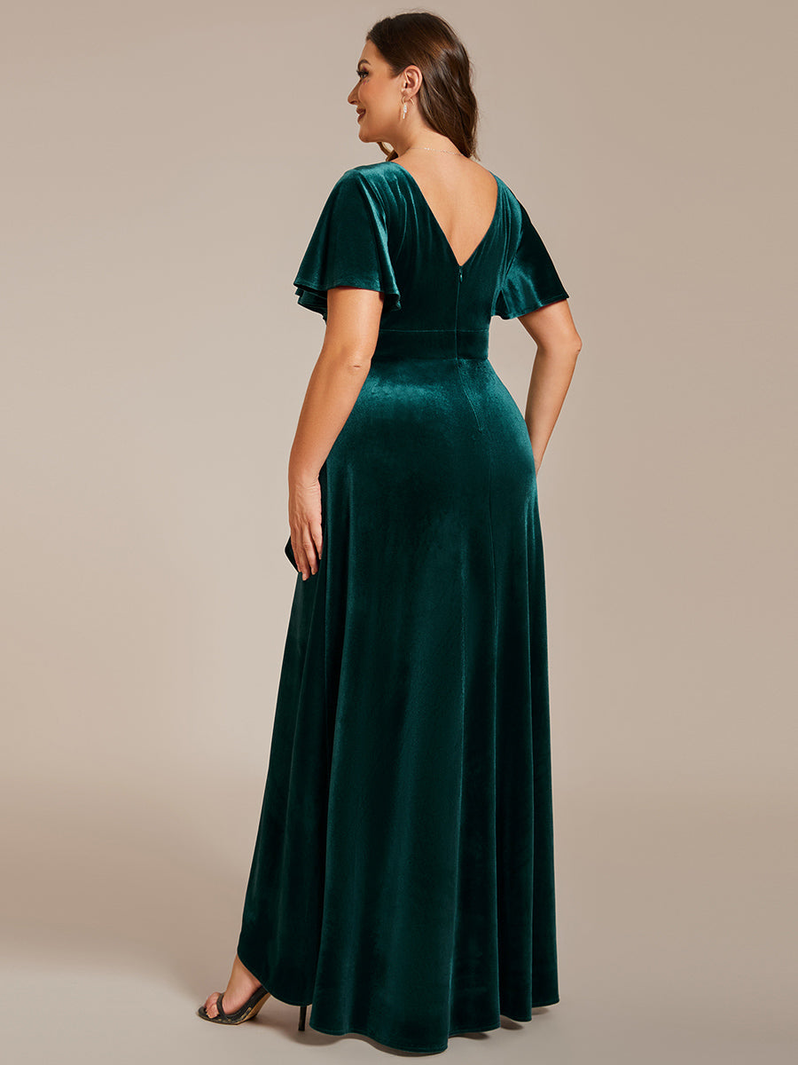 Color=Plus Burgundy | Maxi Long Sequin Wholesale Evening Dress with Long Sleeves-Dark Green 2