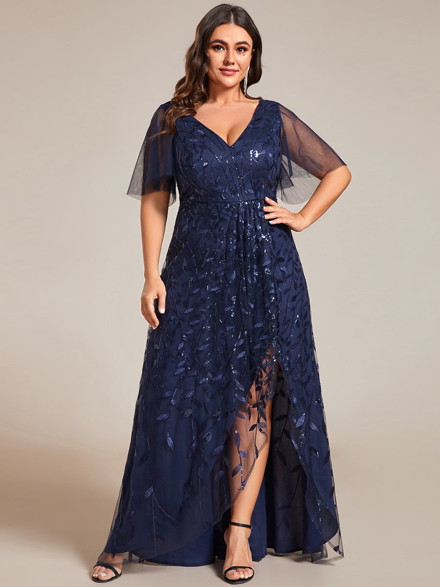 Color=Navy Blue | Plus Sequin Mesh High Low V-Neck Midi Evening Dress With Short Sleeves-Navy Blue 1