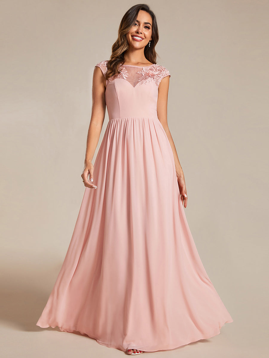 Color=Pink | Embroidery Round Neck Floor Length Bridesmaid Dress With Raglan Sleeves-Pink