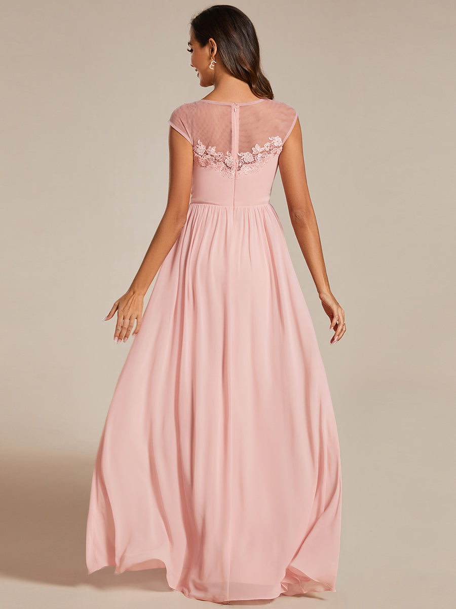 Color=Pink | Embroidery Round Neck Floor Length Bridesmaid Dress With Raglan Sleeves-Pink
