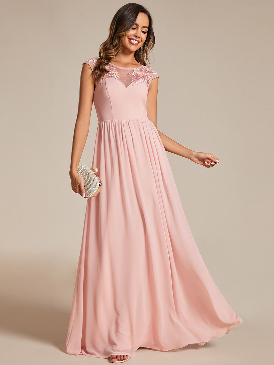 Color=Pink | Embroidery Round Neck Floor Length Bridesmaid Dress With Raglan Sleeves-Pink 8