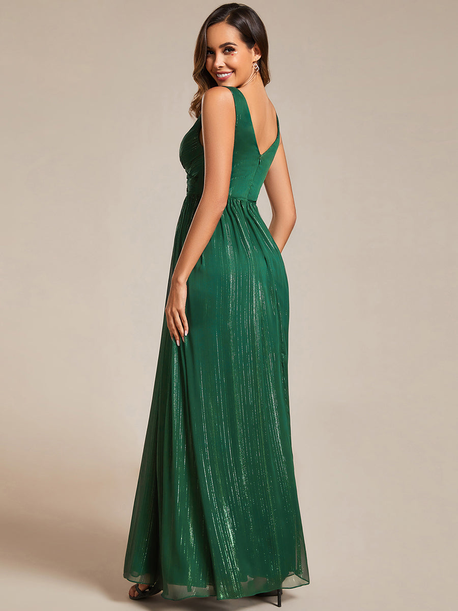 Color=Dark Green | Glittery Floor Length V-Neck Sleeveless Evening Dress-Dark Green