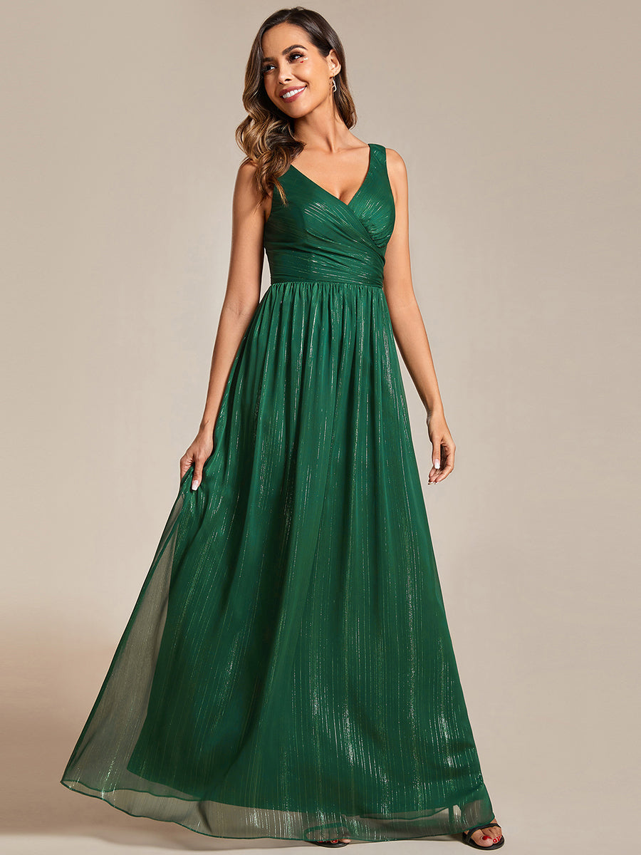 Color=Dark Green | Glittery Floor Length V-Neck Sleeveless Evening Dress-Dark Green