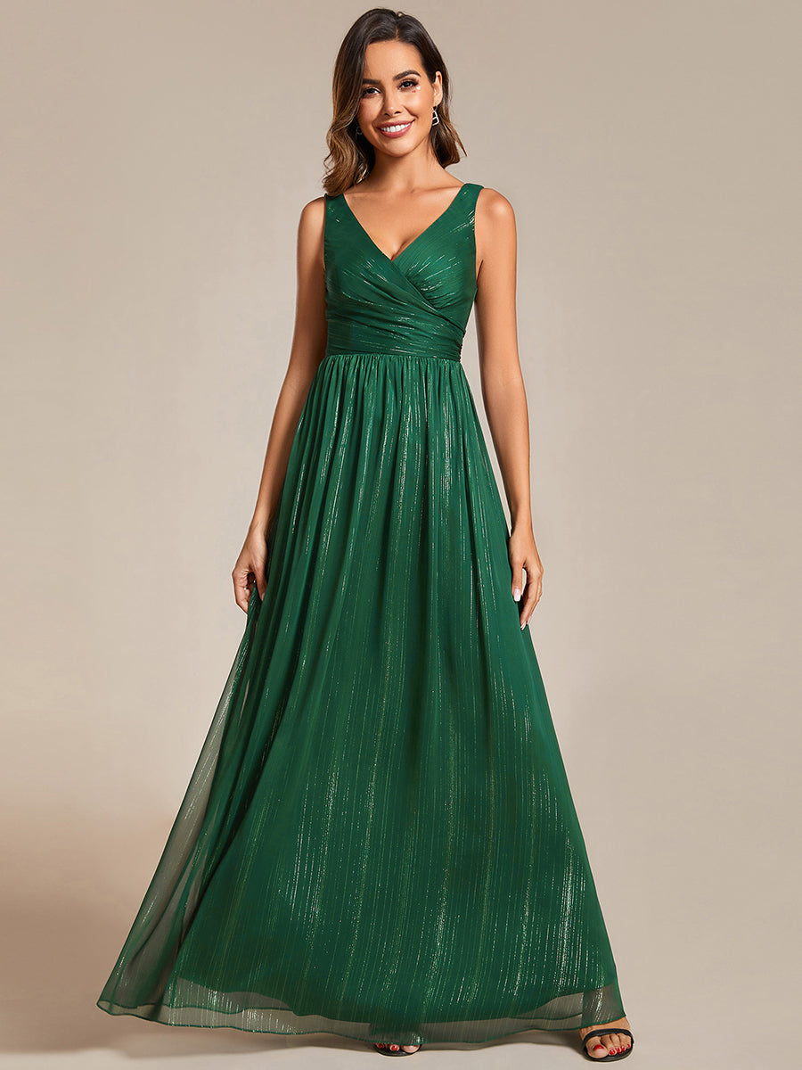 Color=Dark Green | Glittery Floor Length V-Neck Sleeveless Evening Dress-Dark Green