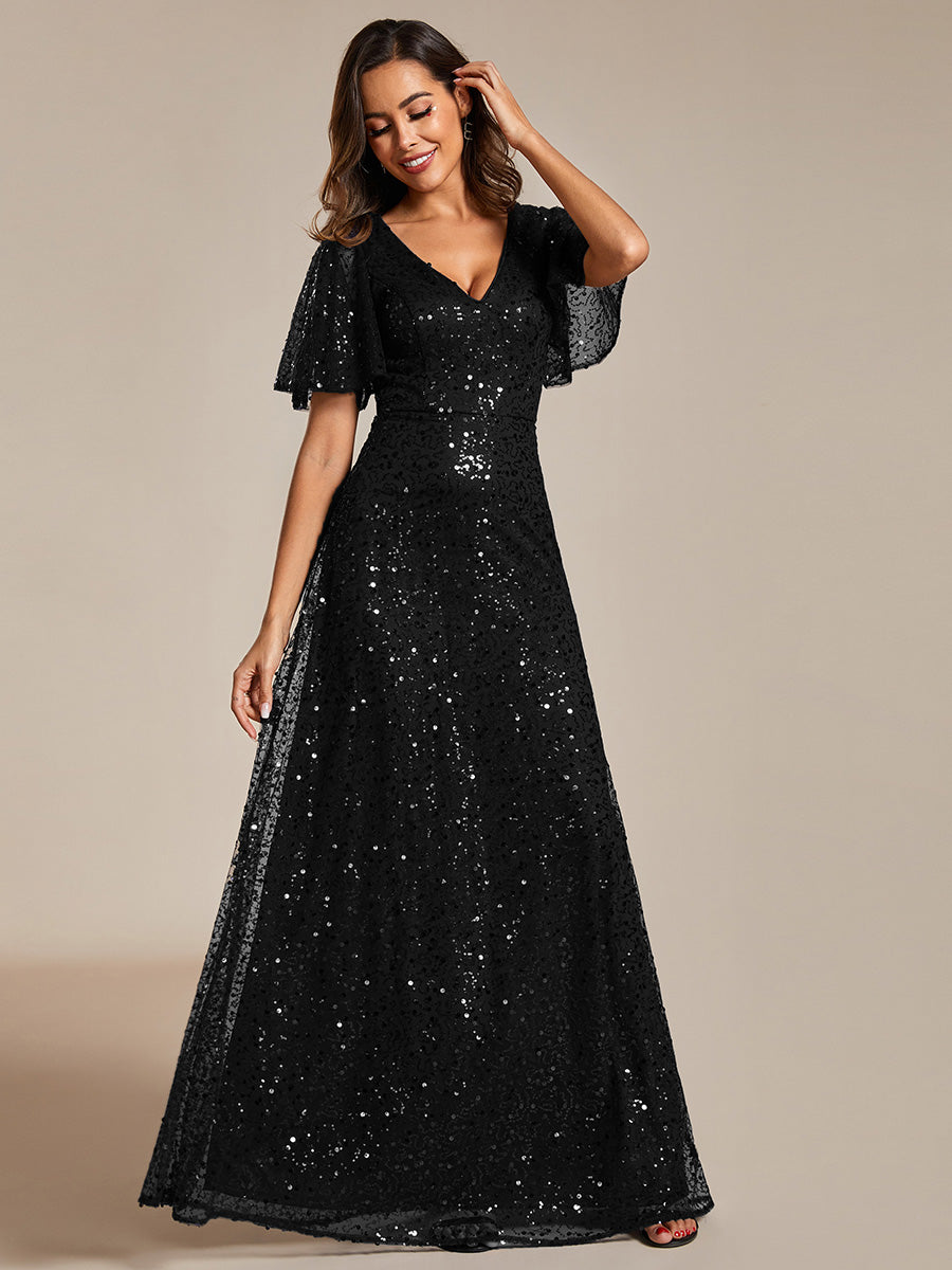 Color=Black | Shiny Sequin V Neck Evening Dress With Short Sleeves-Black