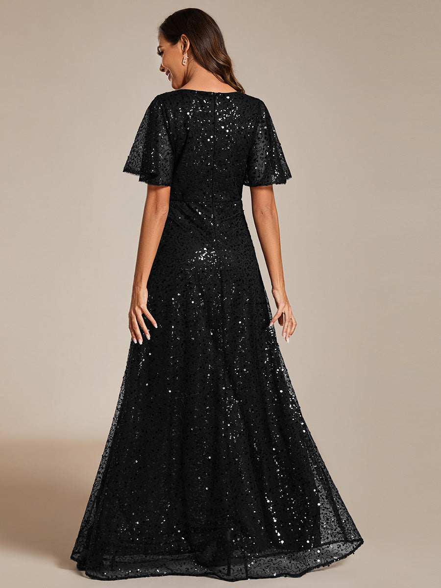 Color=Black | Shiny Sequin V Neck Evening Dress With Short Sleeves-Black