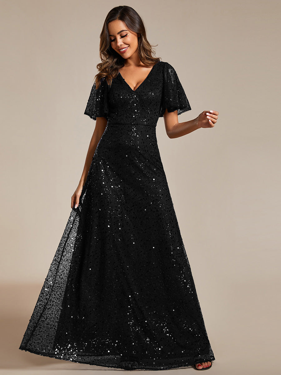 Color=Black | Shiny Sequin V Neck Evening Dress With Short Sleeves-Black