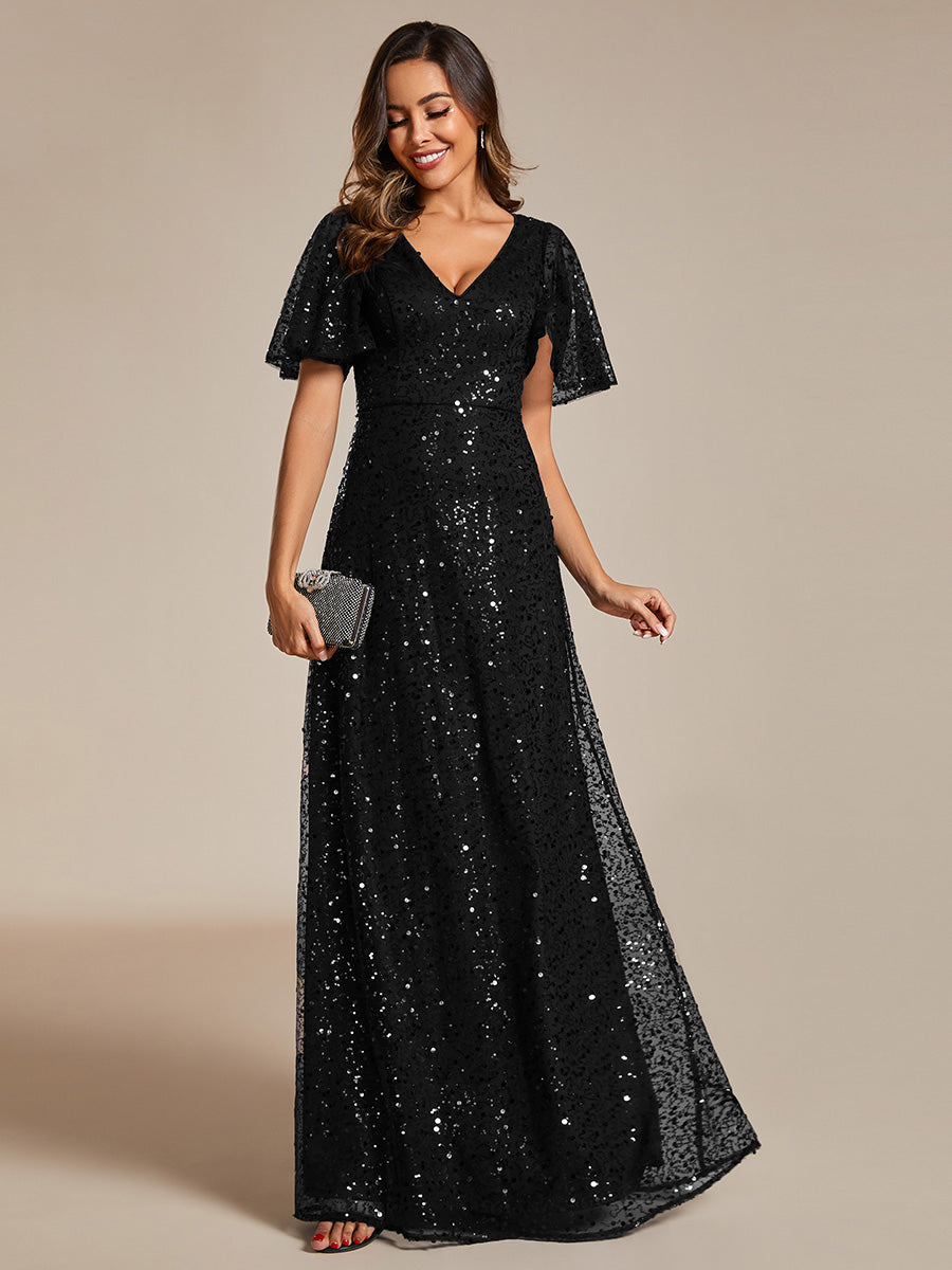 Color=Black | Shiny Sequin V Neck Evening Dress With Short Sleeves-Black