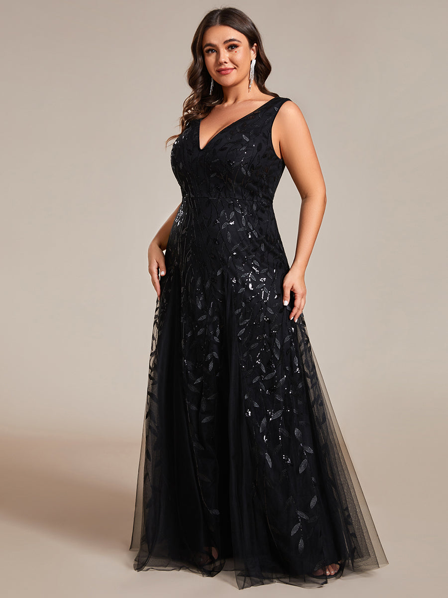 Color=Black | Plus Shiny V-Neck Sequin Sleeveless Evening Dress with Tulle-Black