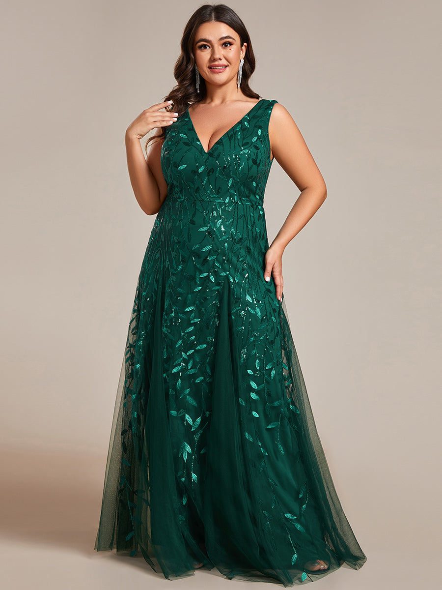 Color=Dark Green | Plus Shiny V-Neck Sequin Sleeveless Evening Dress with Tulle-Dark Green