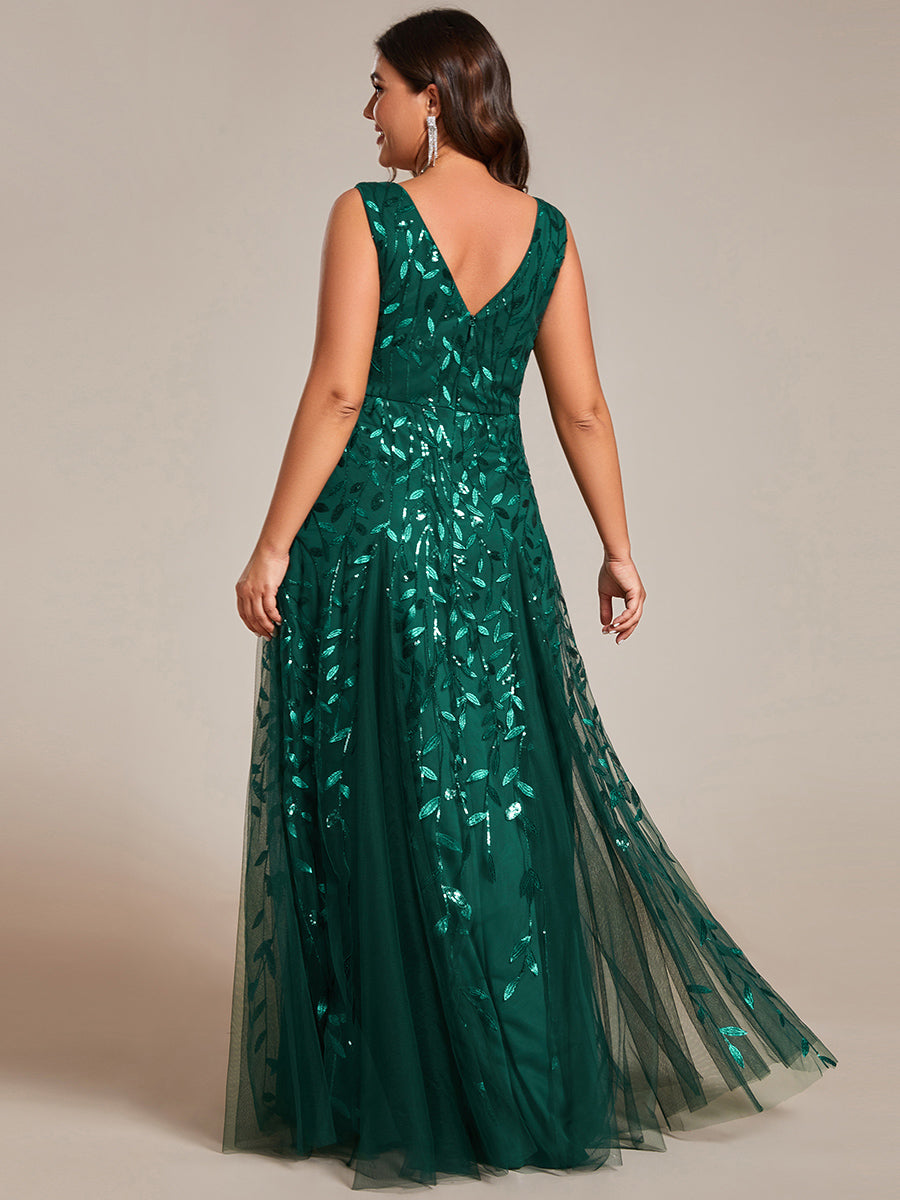 Color=Dark Green | Plus Shiny V-Neck Sequin Sleeveless Evening Dress with Tulle-Dark Green