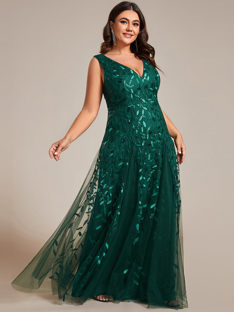 Color=Dark Green | Plus Shiny V-Neck Sequin Sleeveless Evening Dress with Tulle-Dark Green