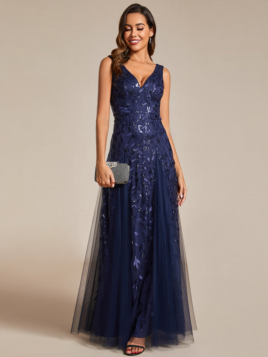 Color=Navy Blue | Shiny V-Neck Sequin Sleeveless Evening Dress with Tulle-Navy Blue