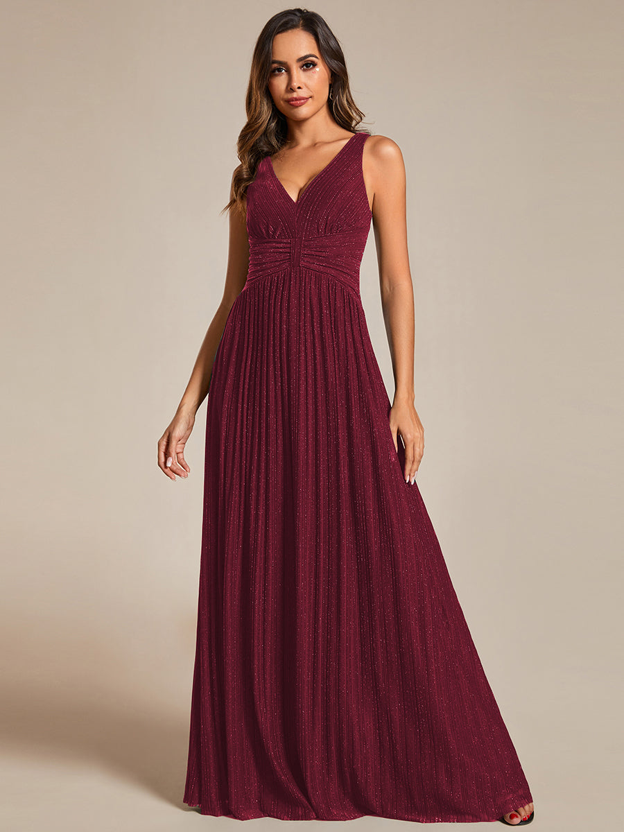 Color=Burgundy | Glittery Pleated Empire Waist Sleeveless Formal Evening Dress-Burgundy 4