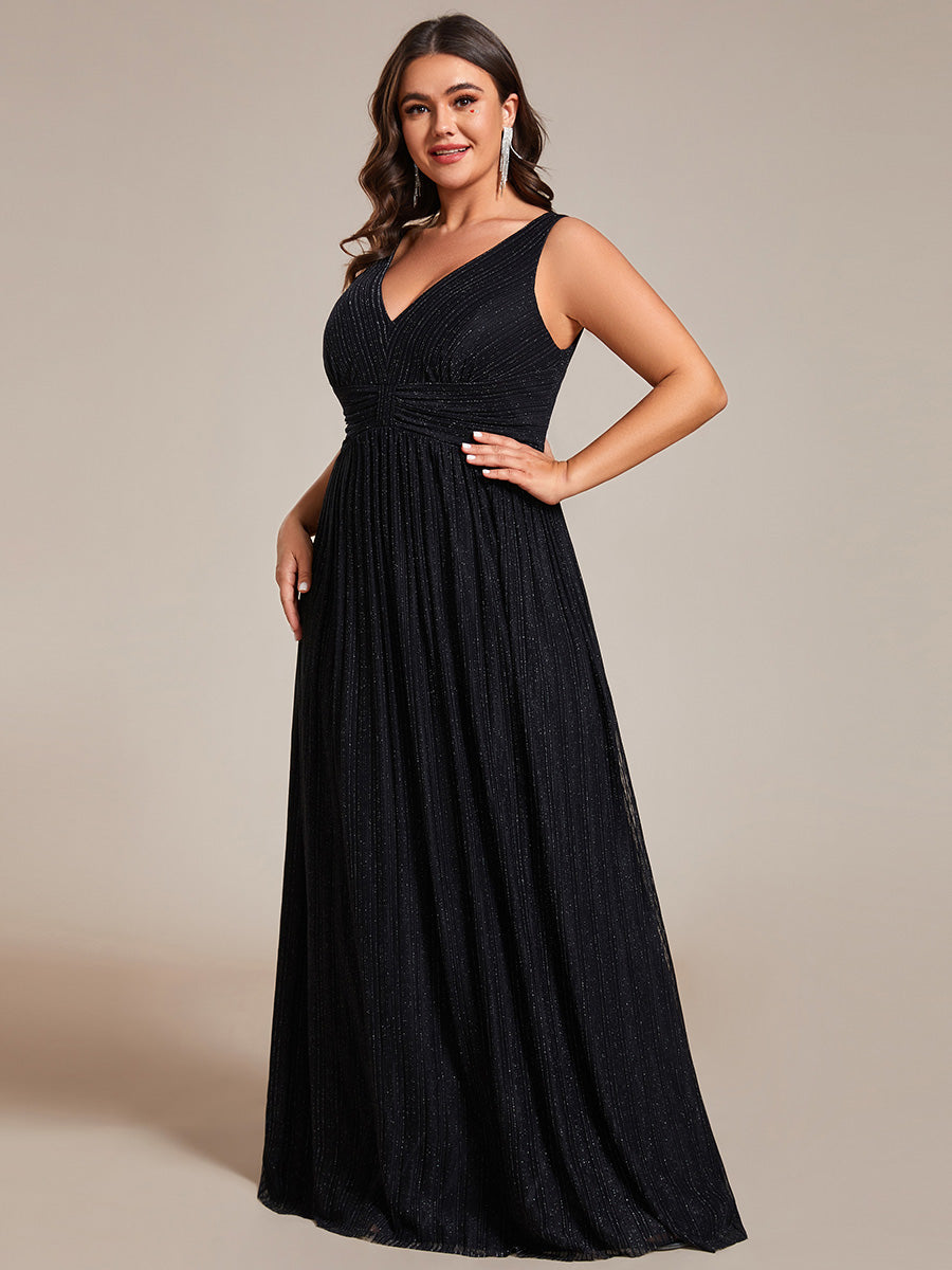Color=Black | Plus Glittery Pleated Empire Waist Sleeveless Formal Evening Dress-Black
