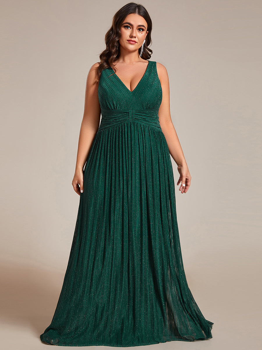 Color=Dark Green | Plus Glittery Pleated Empire Waist Sleeveless Formal Evening Dress-Dark Green