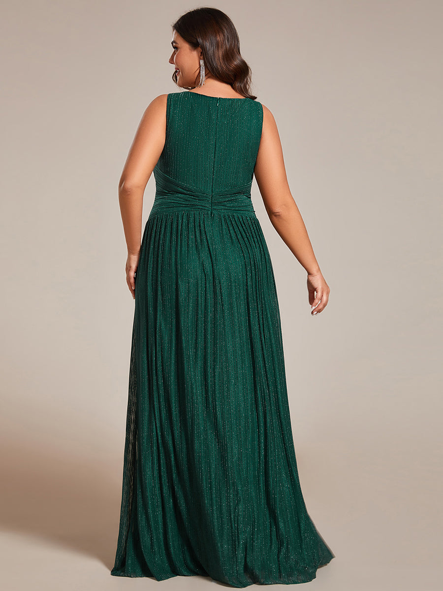 Color=Dark Green | Plus Glittery Pleated Empire Waist Sleeveless Formal Evening Dress-Dark Green