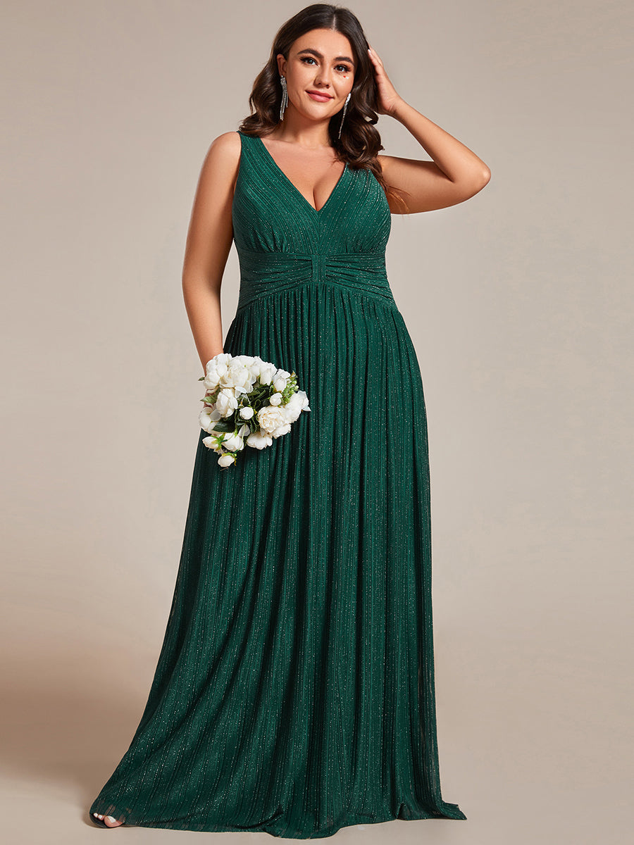 Color=Dark Green | Plus Glittery Pleated Empire Waist Sleeveless Formal Evening Dress-Dark Green