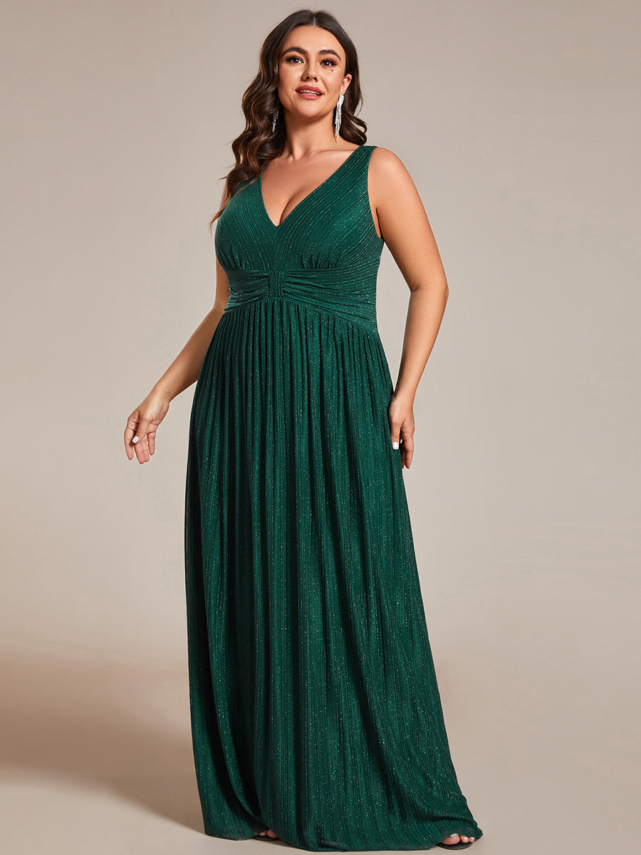Color=Dark Green | Plus Glittery Pleated Empire Waist Sleeveless Formal Evening Dress-Dark Green