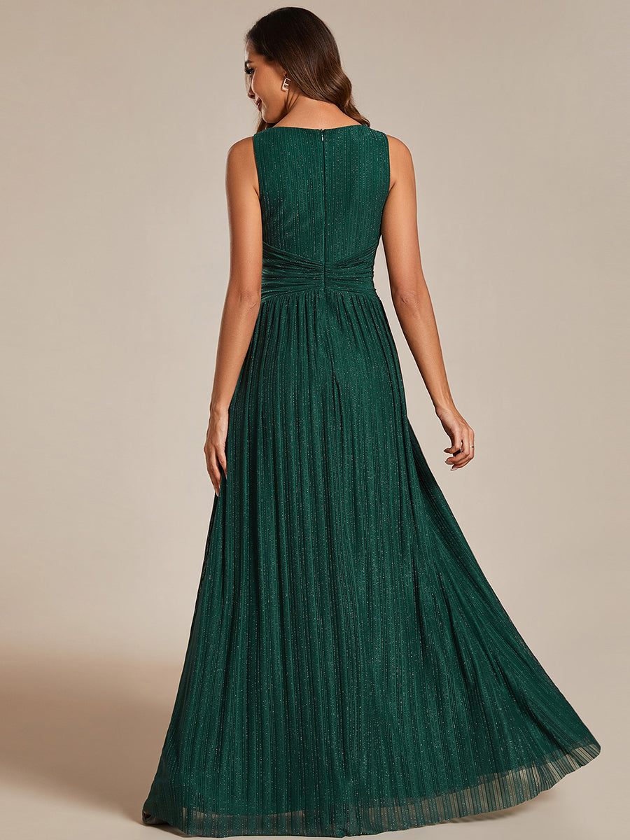 Color=Dark Green | Glittery Pleated Empire Waist Sleeveless Formal Evening Dress-Dark Green