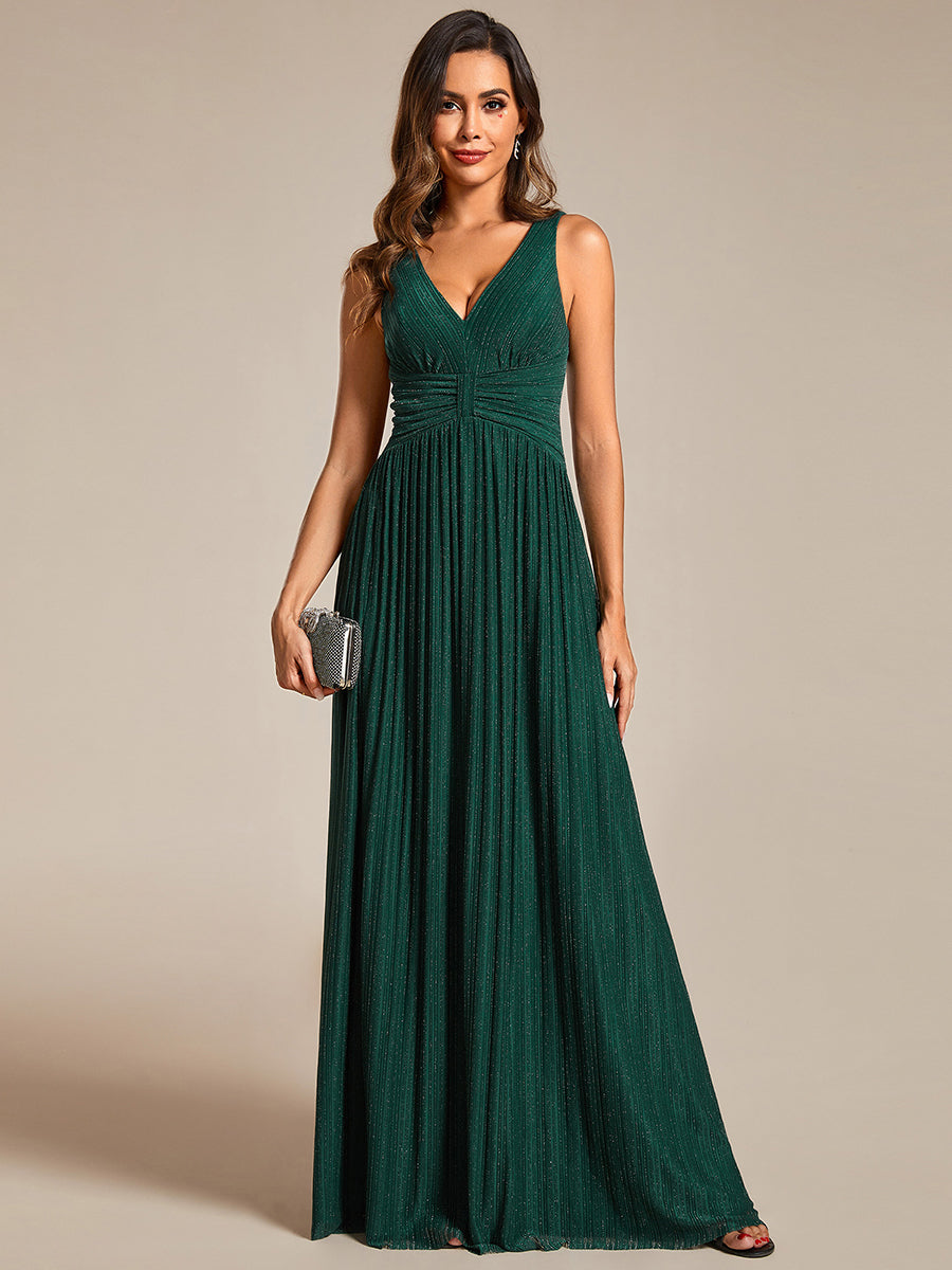 Color=Dark Green | Glittery Pleated Empire Waist Sleeveless Formal Evening Dress-Dark Green