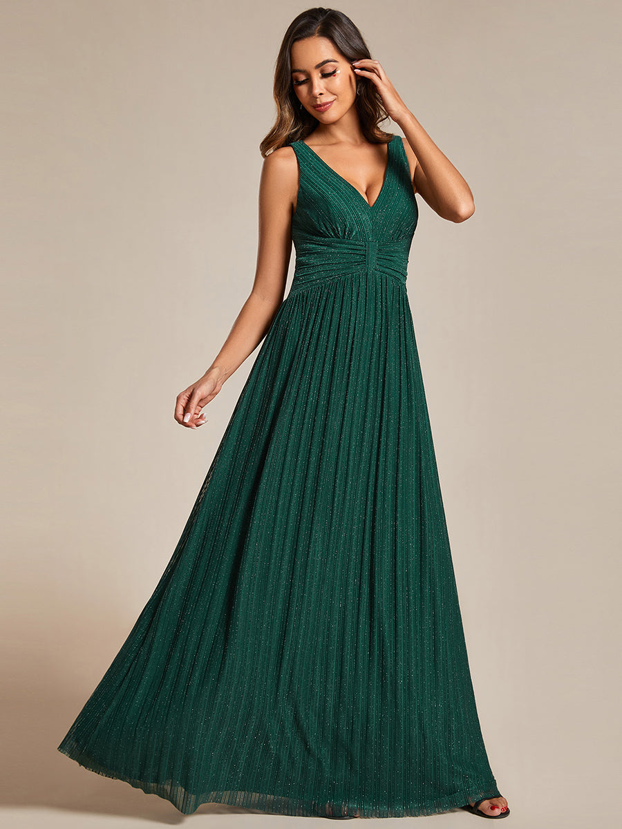 Color=Dark Green | Glittery Pleated Empire Waist Sleeveless Formal Evening Dress-Dark Green