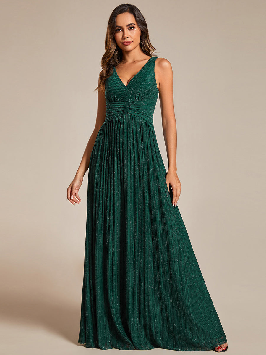 Color=Dark Green | Glittery Pleated Empire Waist Sleeveless Formal Evening Dress-Dark Green