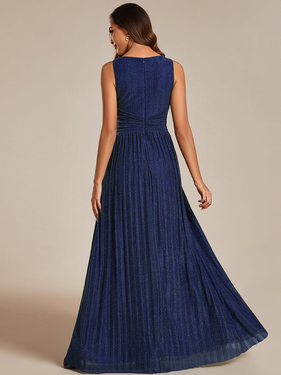 Color=Navy Blue | Glittery Pleated Empire Waist Sleeveless Formal Evening Dress-Navy Blue