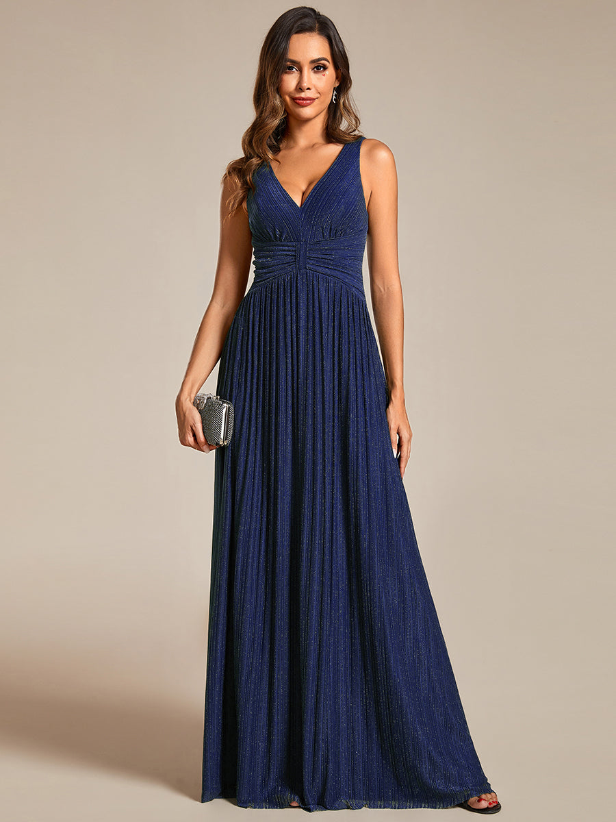 Color=Navy Blue | Glittery Pleated Empire Waist Sleeveless Formal Evening Dress-Navy Blue