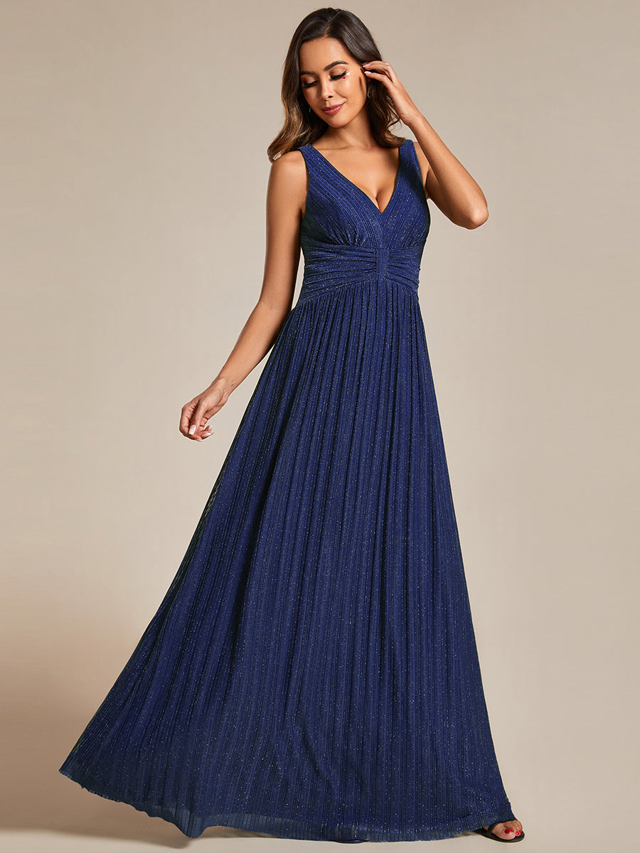 Color=Navy Blue | Glittery Pleated Empire Waist Sleeveless Formal Evening Dress-Navy Blue