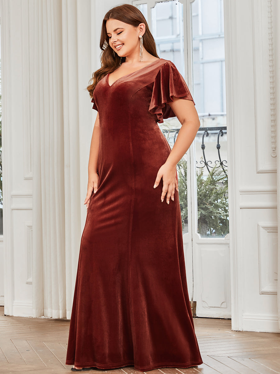 Color=brick-red | Plus Size Deep V Neck Fishtail Wholesale Evening Dresses with Ruffles Sleeves-brick-red 3