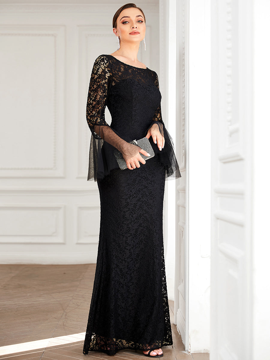 Color=Black | Round Neck Fishtail Wholesale Evening Dresses with Long Sleeves-Black 3