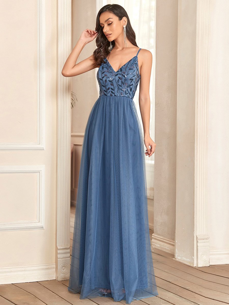 Color=Dusty Blue | Adorable A Line Silhouette Floor Length Wholesale Evening Dress-Dusty Blue 1