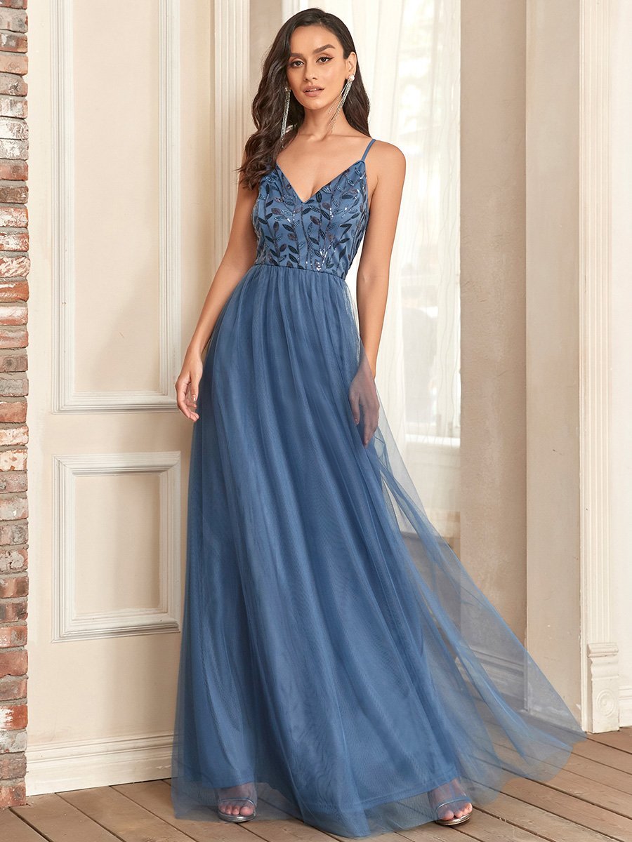 Color=Dusty Blue | Adorable A Line Silhouette Floor Length Wholesale Evening Dress-Dusty Blue 3