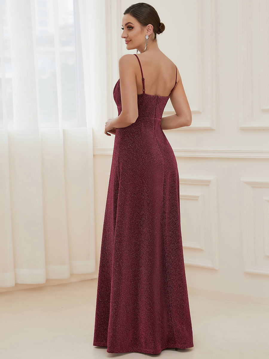Color=Burgundy | Deep V Neck Spaghetti Straps A Line Wholesale Evening Dresses-Burgundy 2