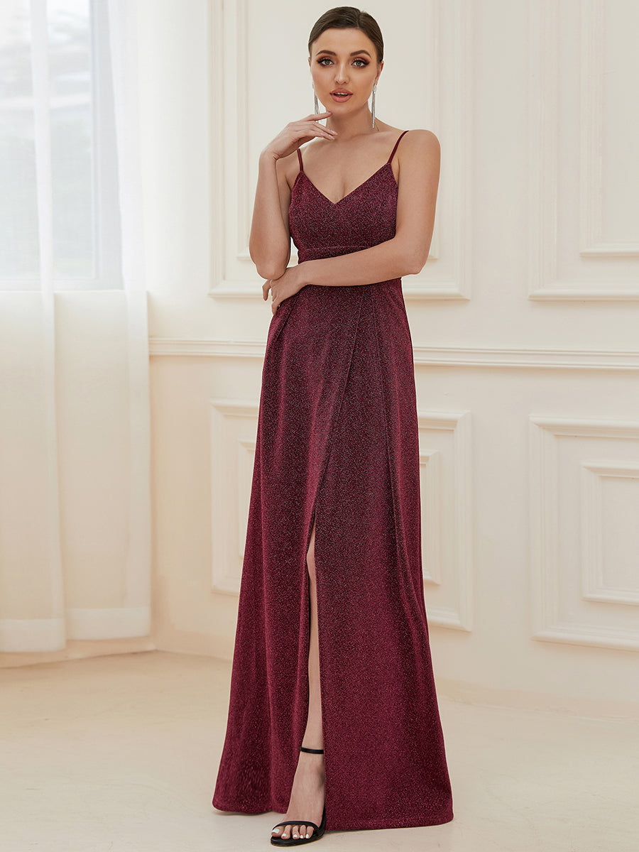 Color=Burgundy | Deep V Neck Spaghetti Straps A Line Wholesale Evening Dresses-Burgundy 3