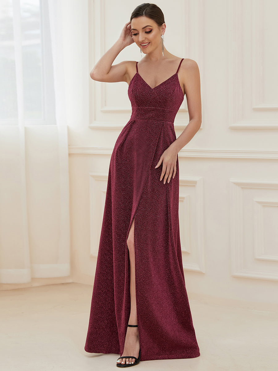 Color=Burgundy | Deep V Neck Spaghetti Straps A Line Wholesale Evening Dresses-Burgundy 4