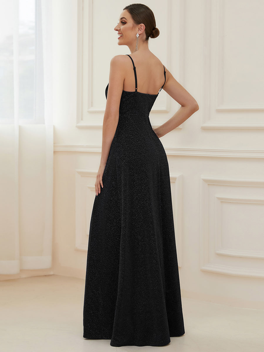 Color=Black | Deep V Neck Spaghetti Straps A Line Wholesale Evening Dresses-Black 2