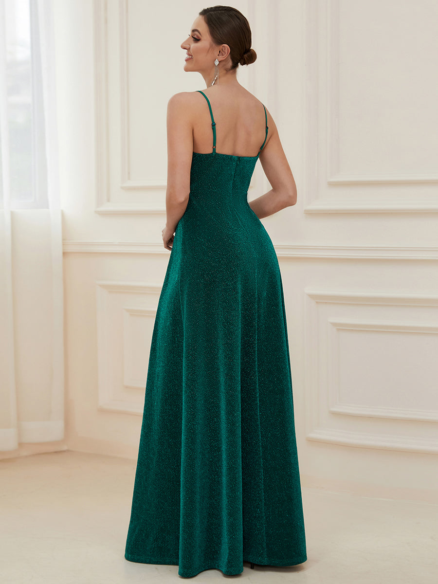 Color=Dark Green | Deep V Neck Spaghetti Straps A Line Wholesale Evening Dresses-Dark Green 2