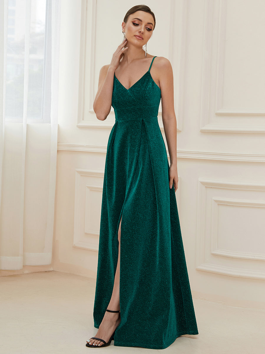 Color=Dark Green | Deep V Neck Spaghetti Straps A Line Wholesale Evening Dresses-Dark Green 4