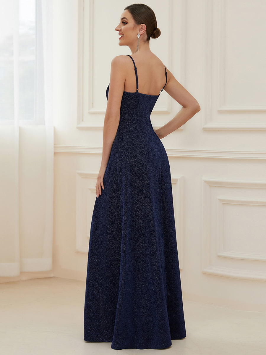 Color=Navy Blue | Deep V Neck Spaghetti Straps A Line Wholesale Evening Dresses-Navy Blue 2