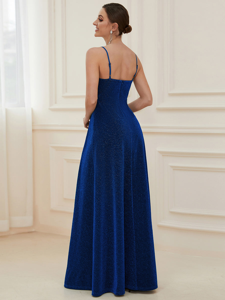 Color=Sapphire Blue | Deep V Neck Spaghetti Straps A Line Wholesale Evening Dresses-Sapphire Blue 2