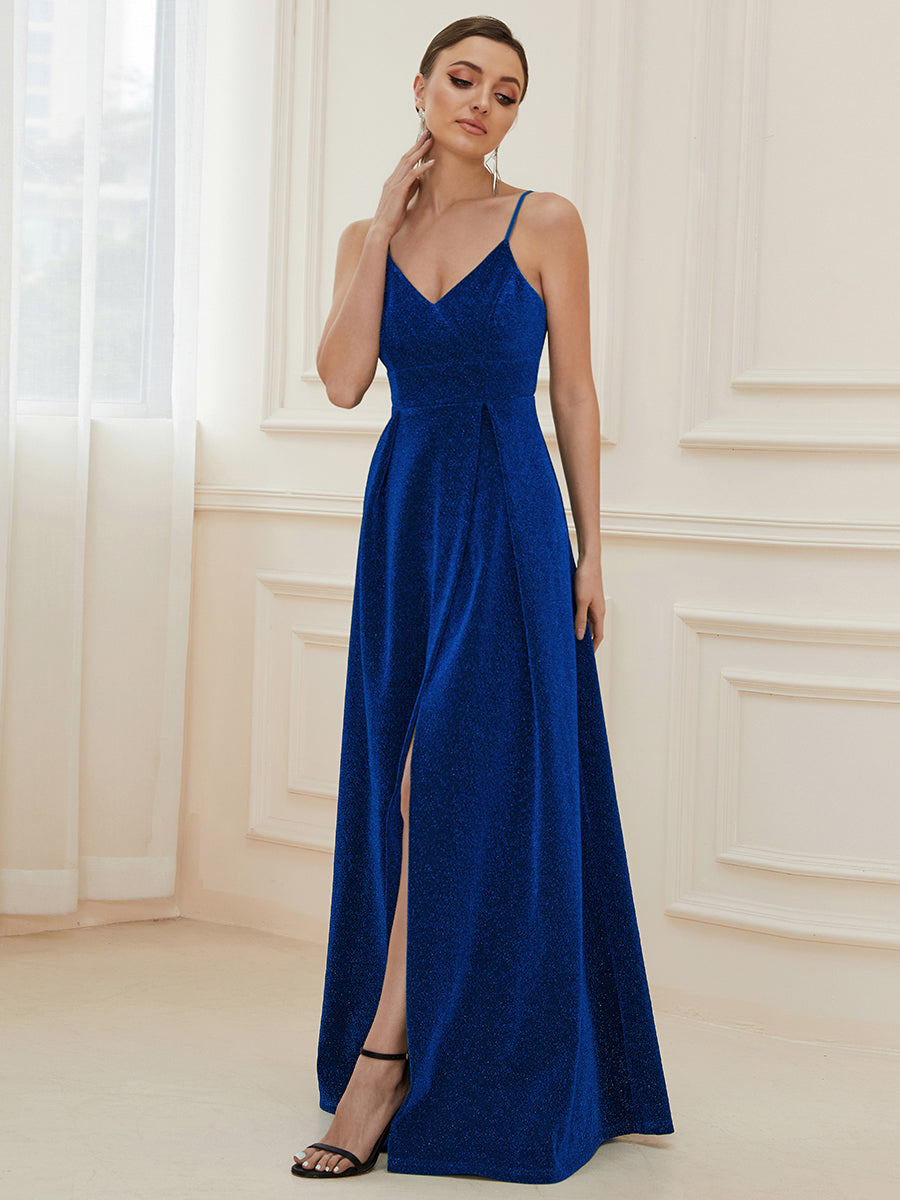 Color=Sapphire Blue | Deep V Neck Spaghetti Straps A Line Wholesale Evening Dresses-Sapphire Blue 4