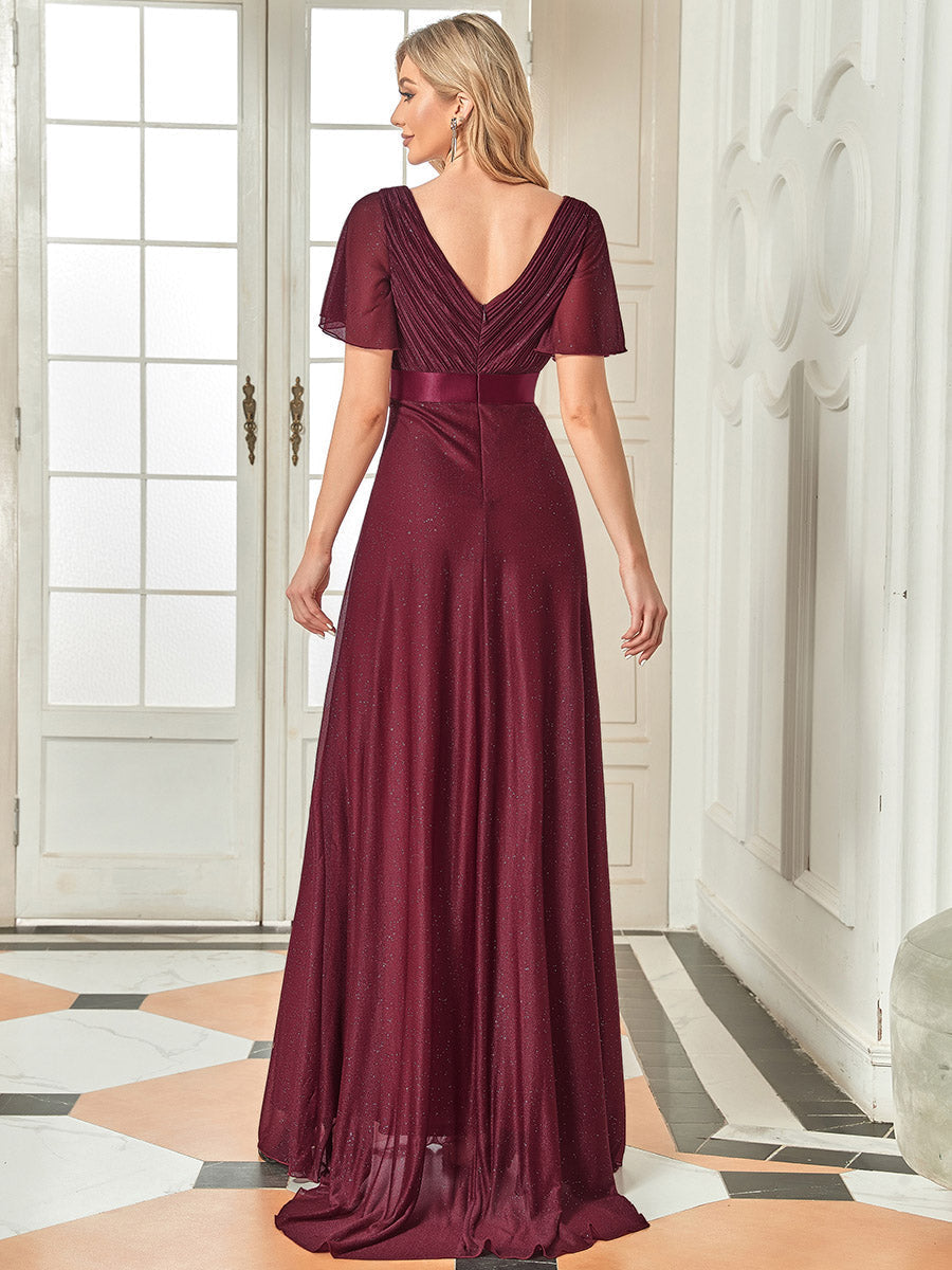 Color=Burgundy | Deep V Neck Ruffles Sleeve A Line Wholesale Evening Dresses-Burgundy 2