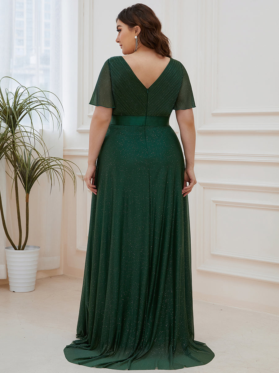 Color=Dark Green |Plus Size Deep V Neck Ruffles Sleeve A Line Wholesale Evening Dresses-Dark Green 2