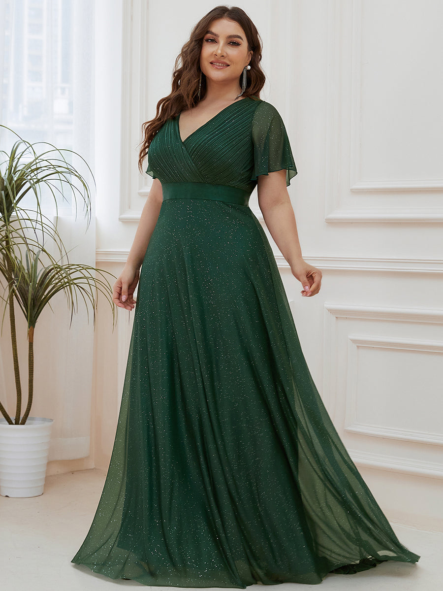 Color=Dark Green |Plus Size Deep V Neck Ruffles Sleeve A Line Wholesale Evening Dresses-Dark Green 4