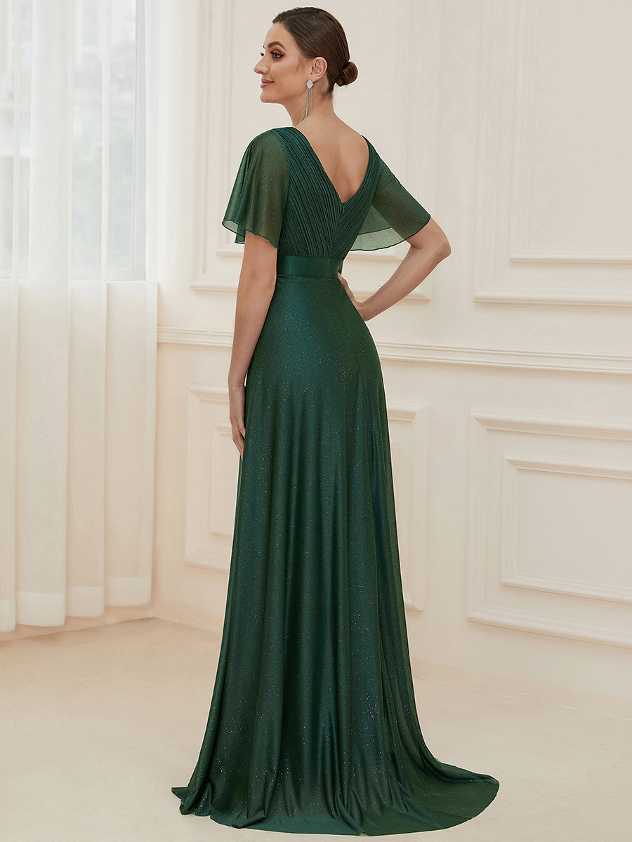 Color=Dark Green | Deep V Neck Ruffles Sleeve A Line Wholesale Evening Dresses-Dark Green 2