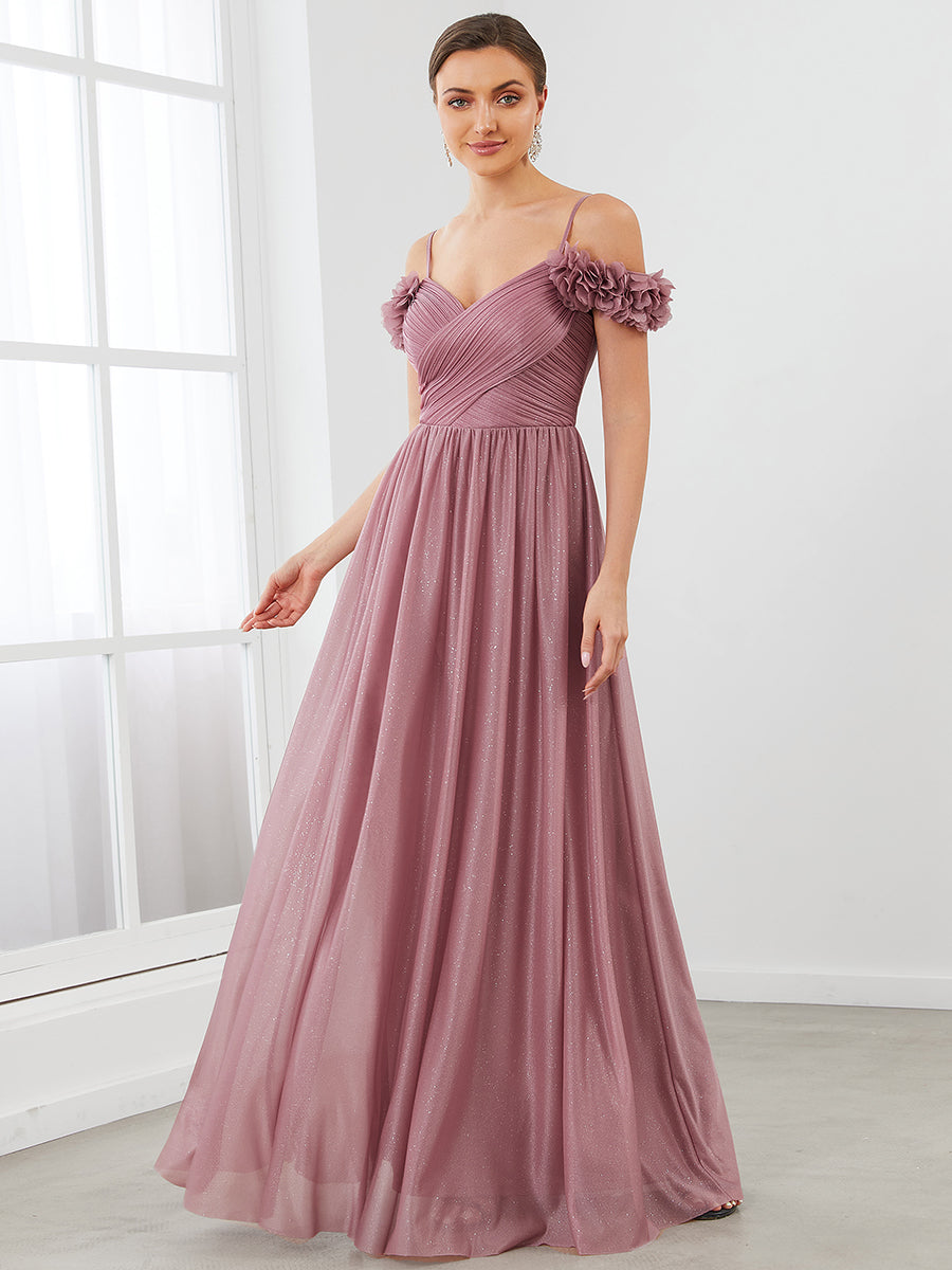 Color=Orchid | Off Shoulders A Line Spaghetti Strap Sparkly Wholesale Evening Dresses-Orchid 4